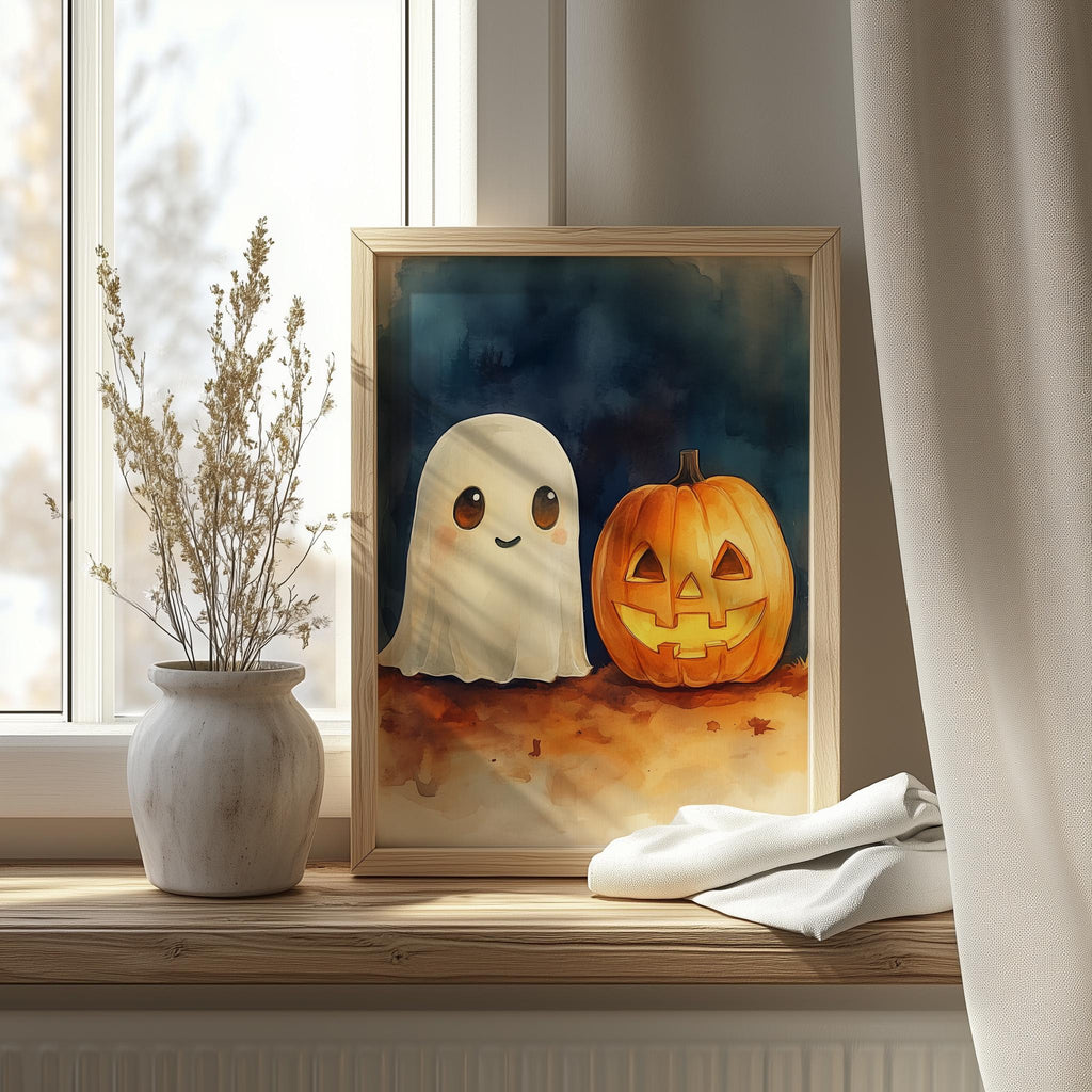 Ghost Pumpkin Watercolor Halloween art print shown in a room setting