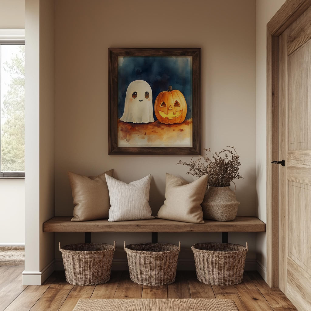 Ghost Pumpkin Watercolor Halloween art print shown in a room setting
