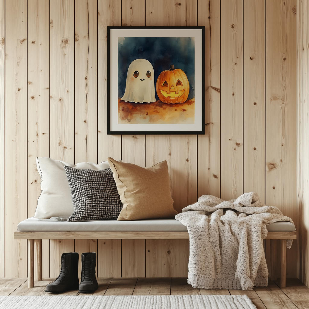 Ghost Pumpkin Watercolor Halloween art print shown in a room setting