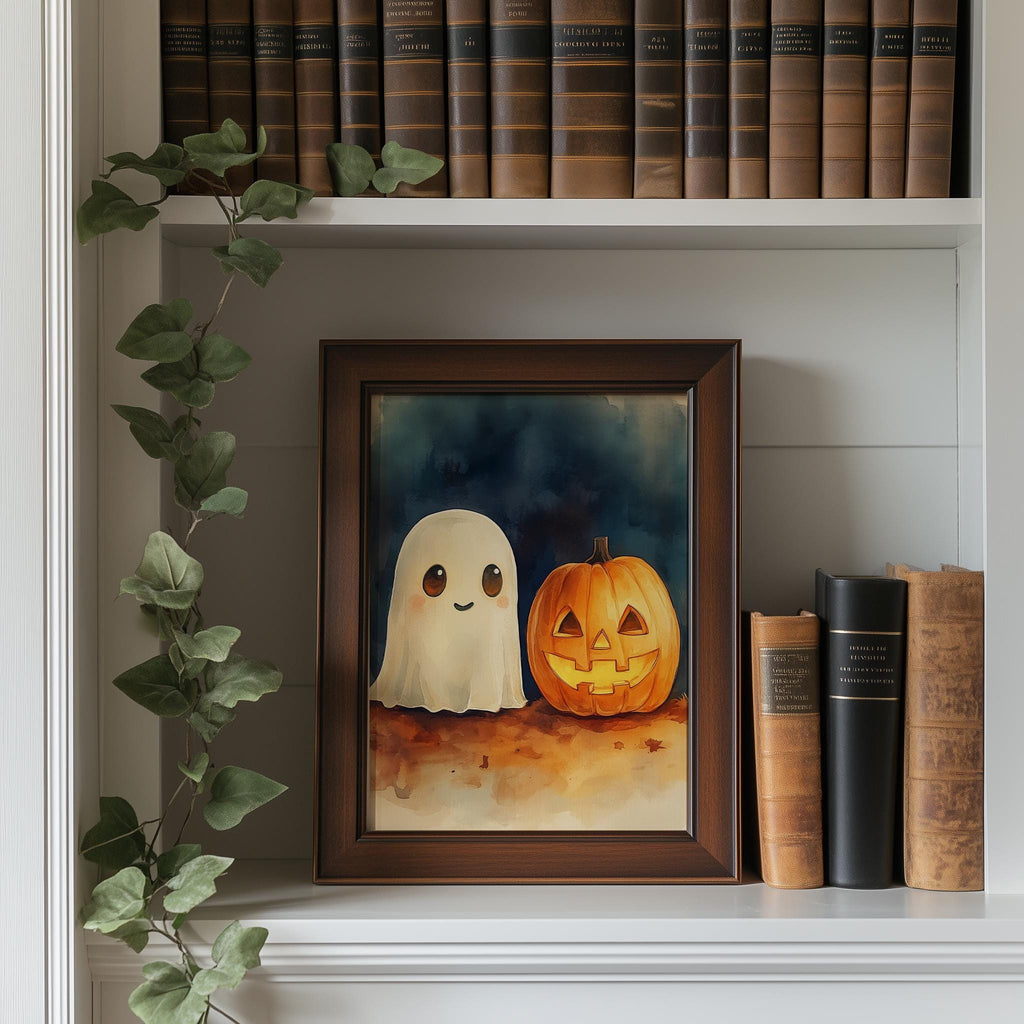 Ghost Pumpkin Watercolor Halloween art print shown in a room setting