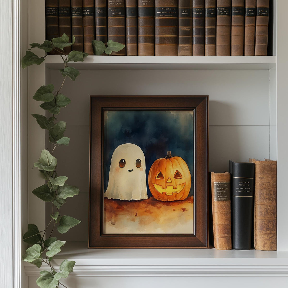 Ghost Pumpkin Watercolor Halloween art print shown in a room setting