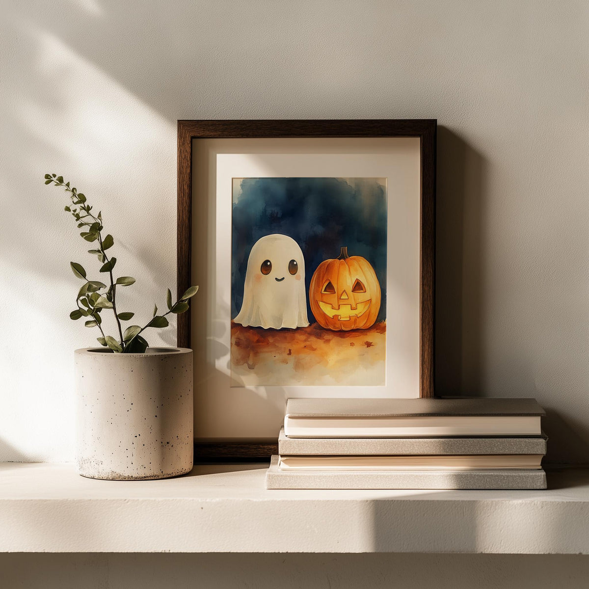 Ghost Pumpkin Watercolor Halloween art print shown in a room setting