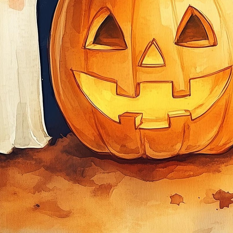 Ghost Pumpkin Watercolor Halloween art print close-up detail