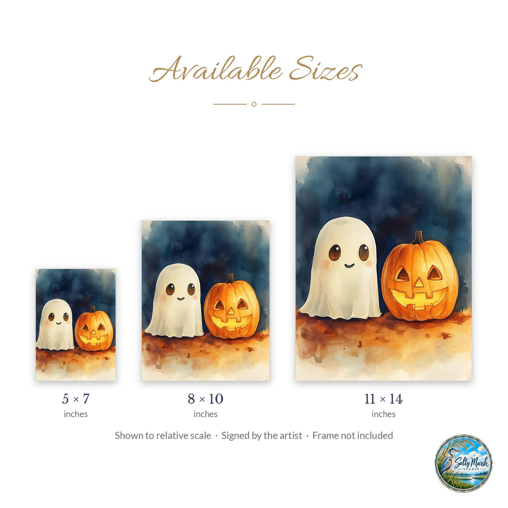 Ghost Pumpkin Watercolor art print size guide: 5x7, 8x10 and 11x14