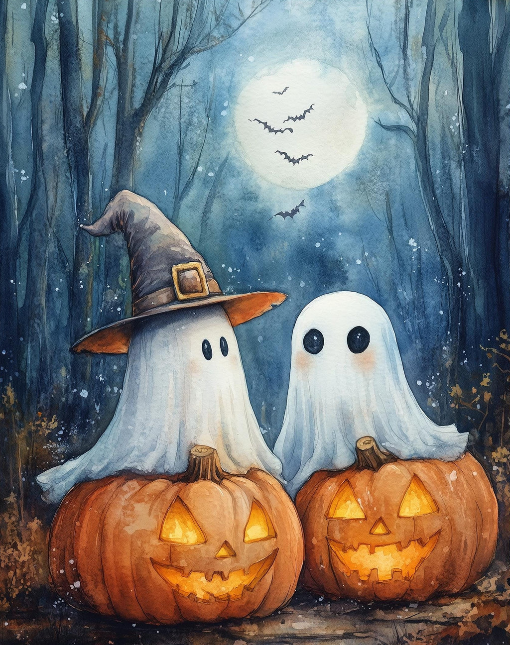 Moonlit Ghost Trio Halloween art print unframed, signed by Pattie Overcash