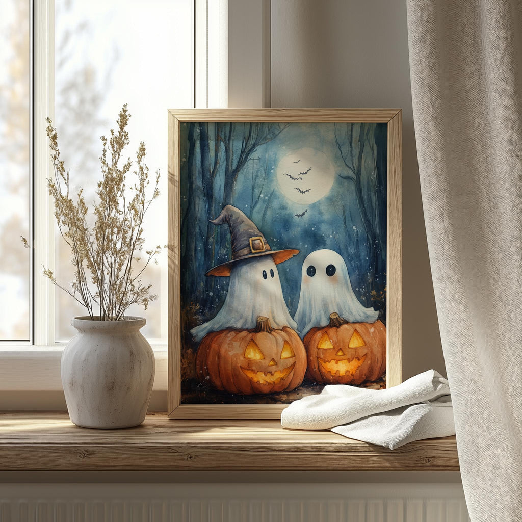 Moonlit Ghost Trio Halloween art print shown in a room setting