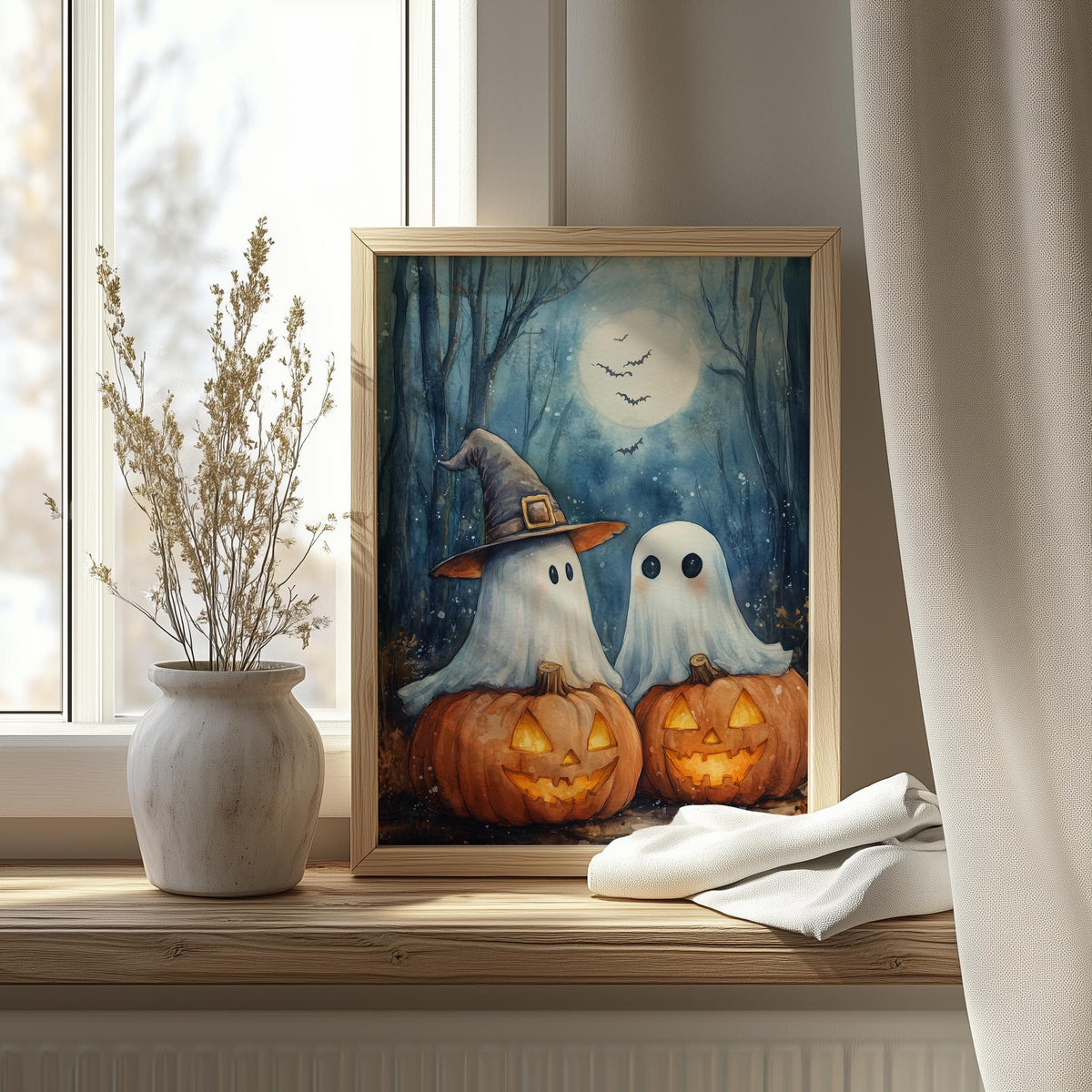 Moonlit Ghost Trio Halloween art print shown in a room setting