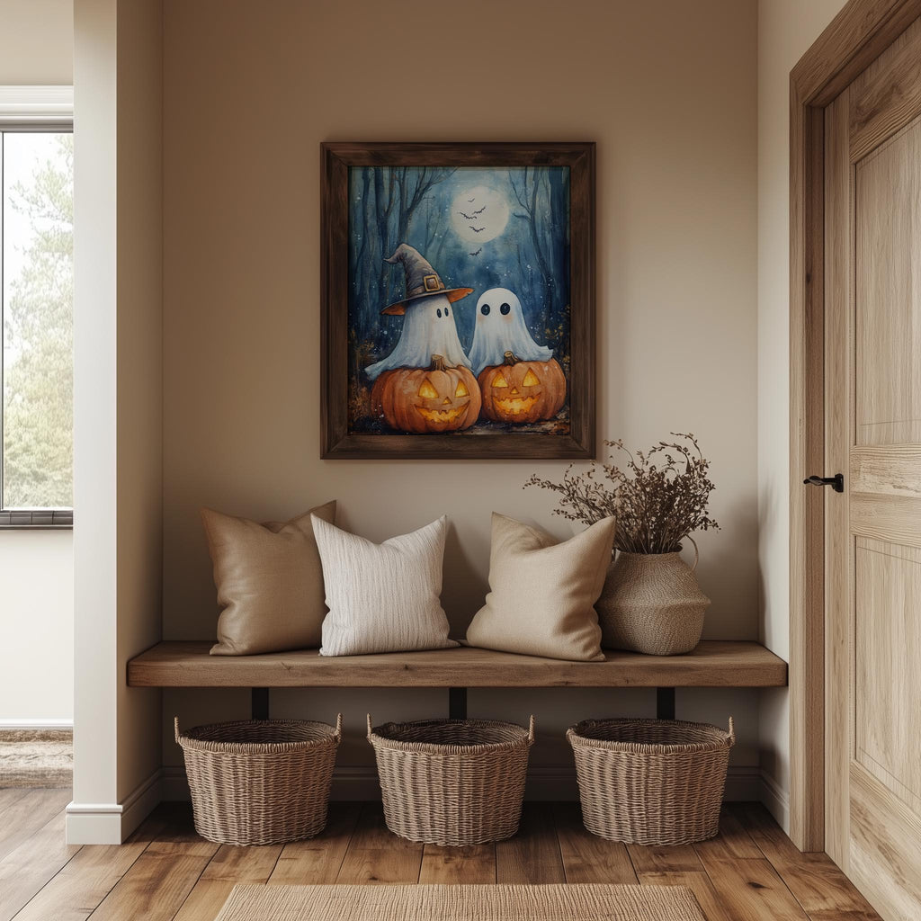 Moonlit Ghost Trio Halloween art print shown in a room setting