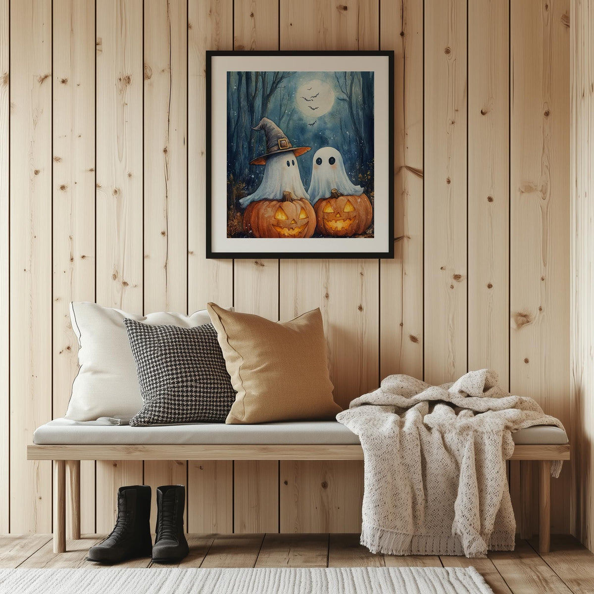 Moonlit Ghost Trio Halloween art print shown in a room setting