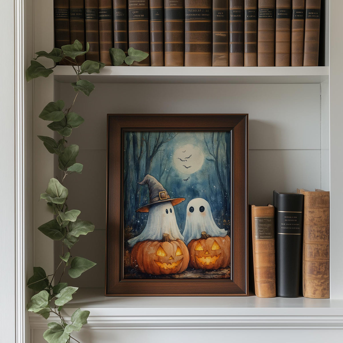 Moonlit Ghost Trio Halloween art print shown in a room setting