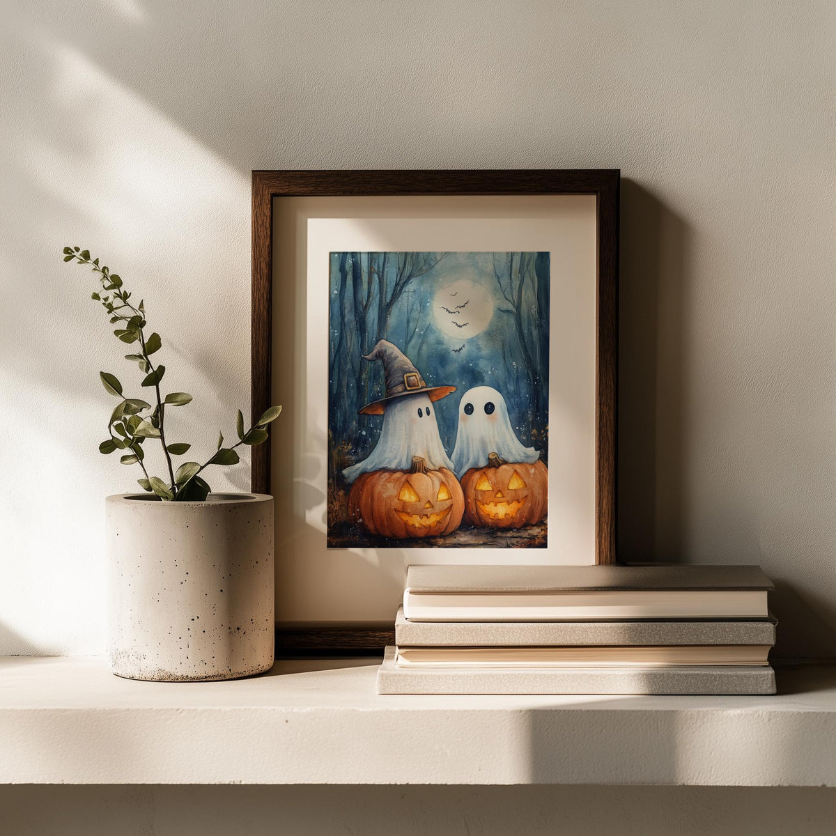 Moonlit Ghost Trio Halloween art print shown in a room setting