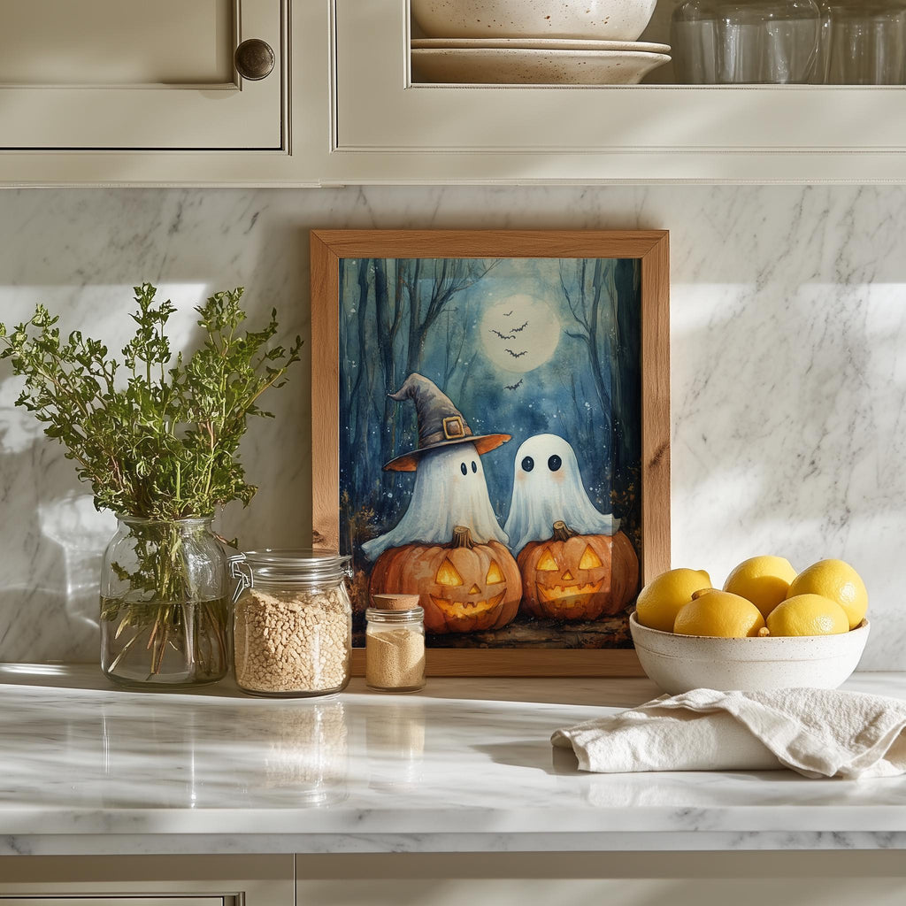 Moonlit Ghost Trio Halloween art print shown in a room setting