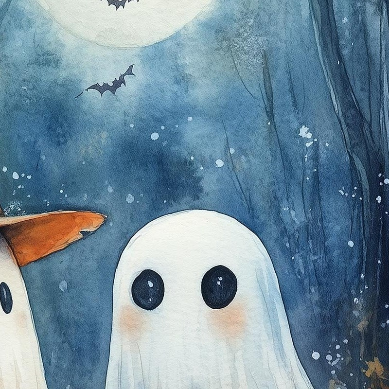 Moonlit Ghost Trio Halloween art print close-up detail