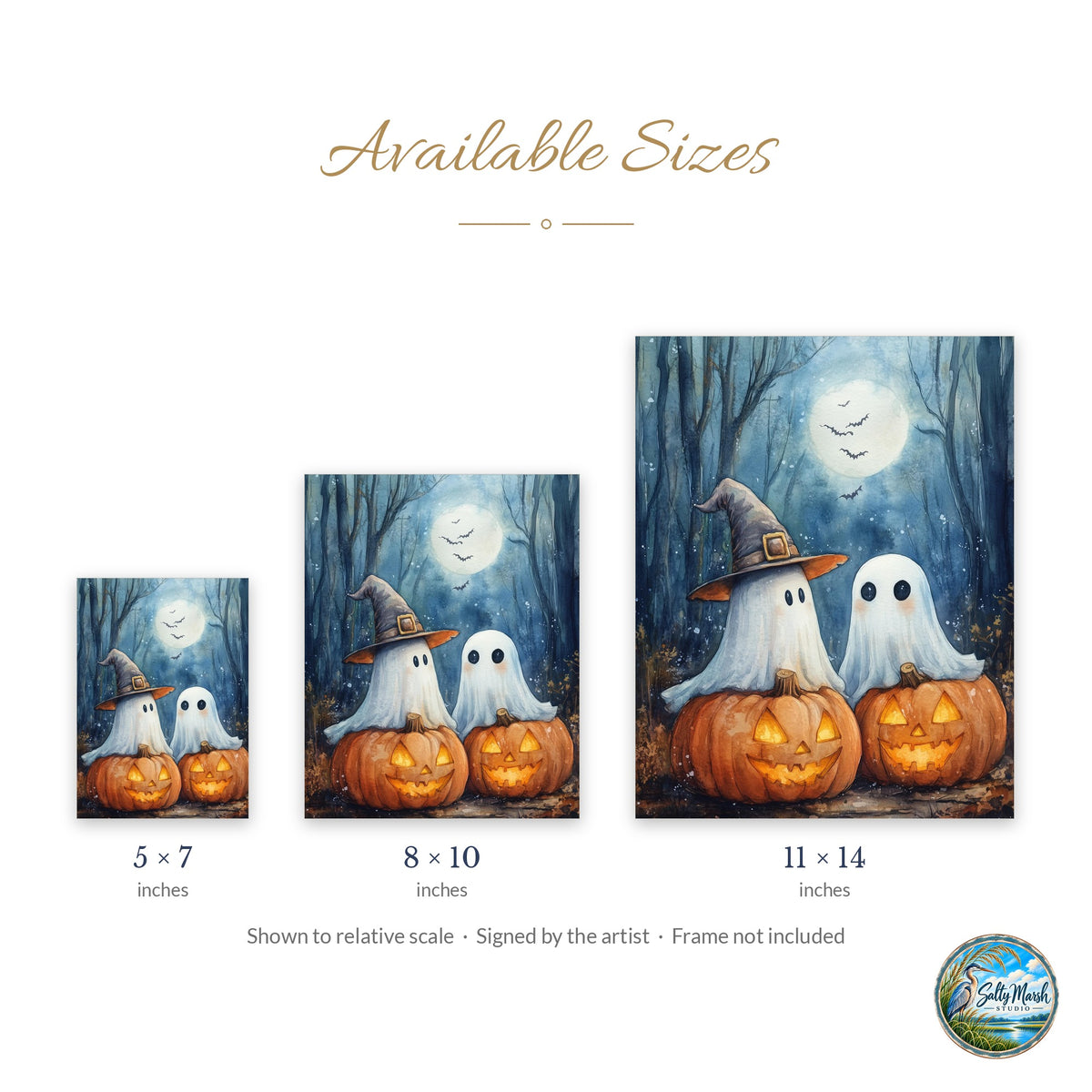Moonlit Ghost Trio art print size guide: 5x7, 8x10 and 11x14