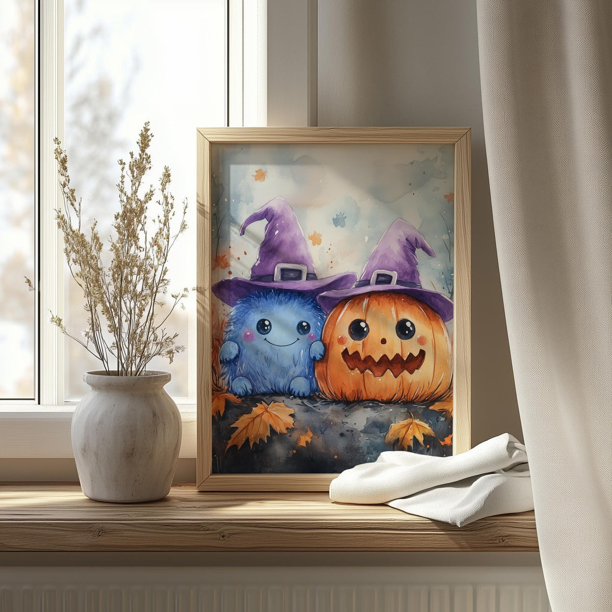 Pastel Monsters Halloween art print shown in a room setting