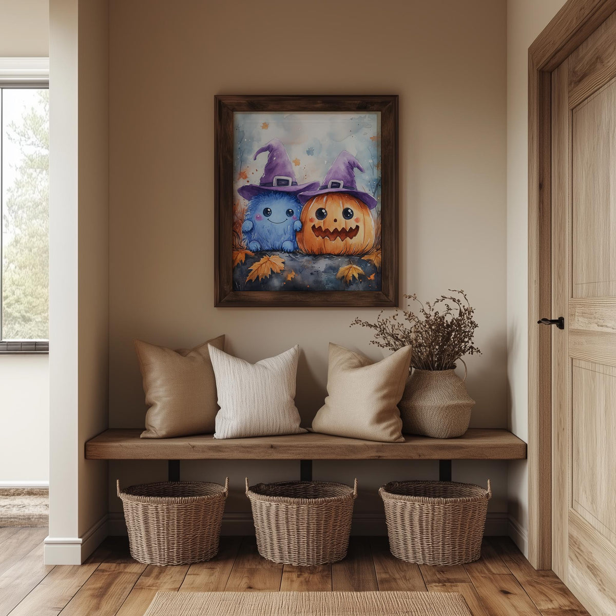 Pastel Monsters Halloween art print shown in a room setting
