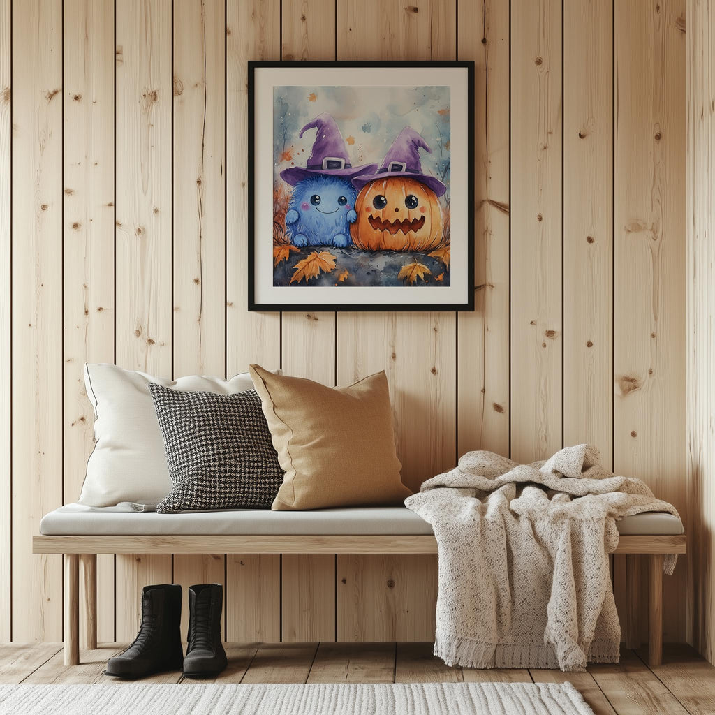 Pastel Monsters Halloween art print shown in a room setting