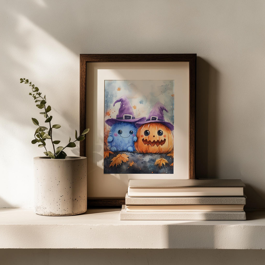 Pastel Monsters Halloween art print shown in a room setting