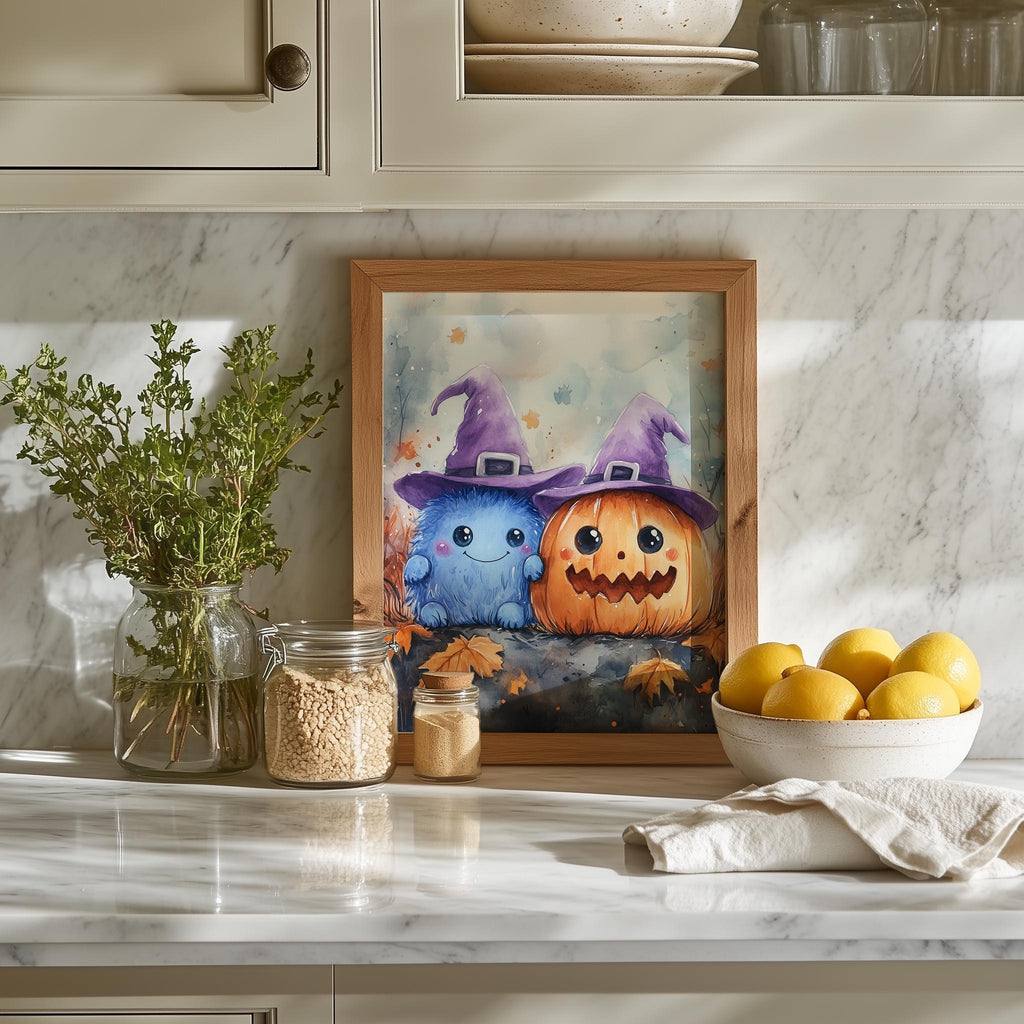 Pastel Monsters Halloween art print shown in a room setting