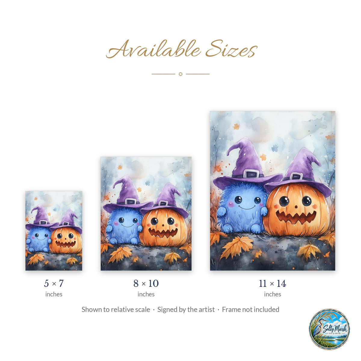 Pastel Monsters art print size guide: 5x7, 8x10 and 11x14