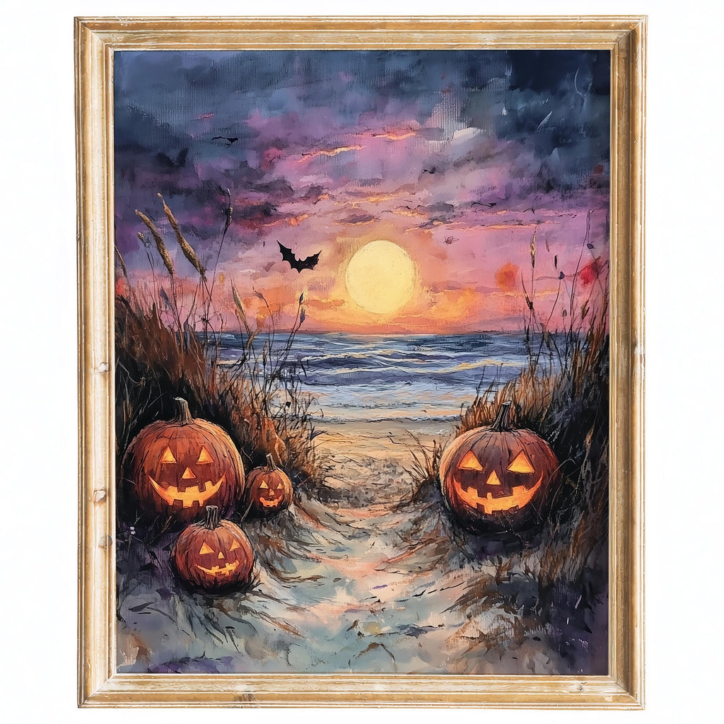 Beach Path Pumpkins Halloween art print framed