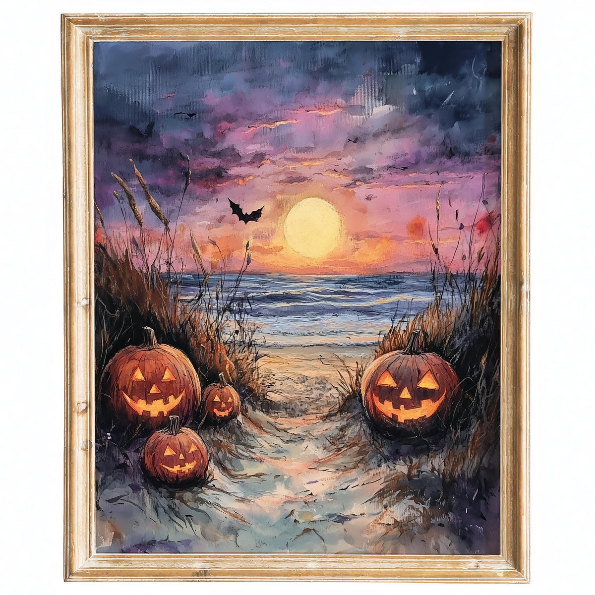 Beach Path Pumpkins Halloween art print framed