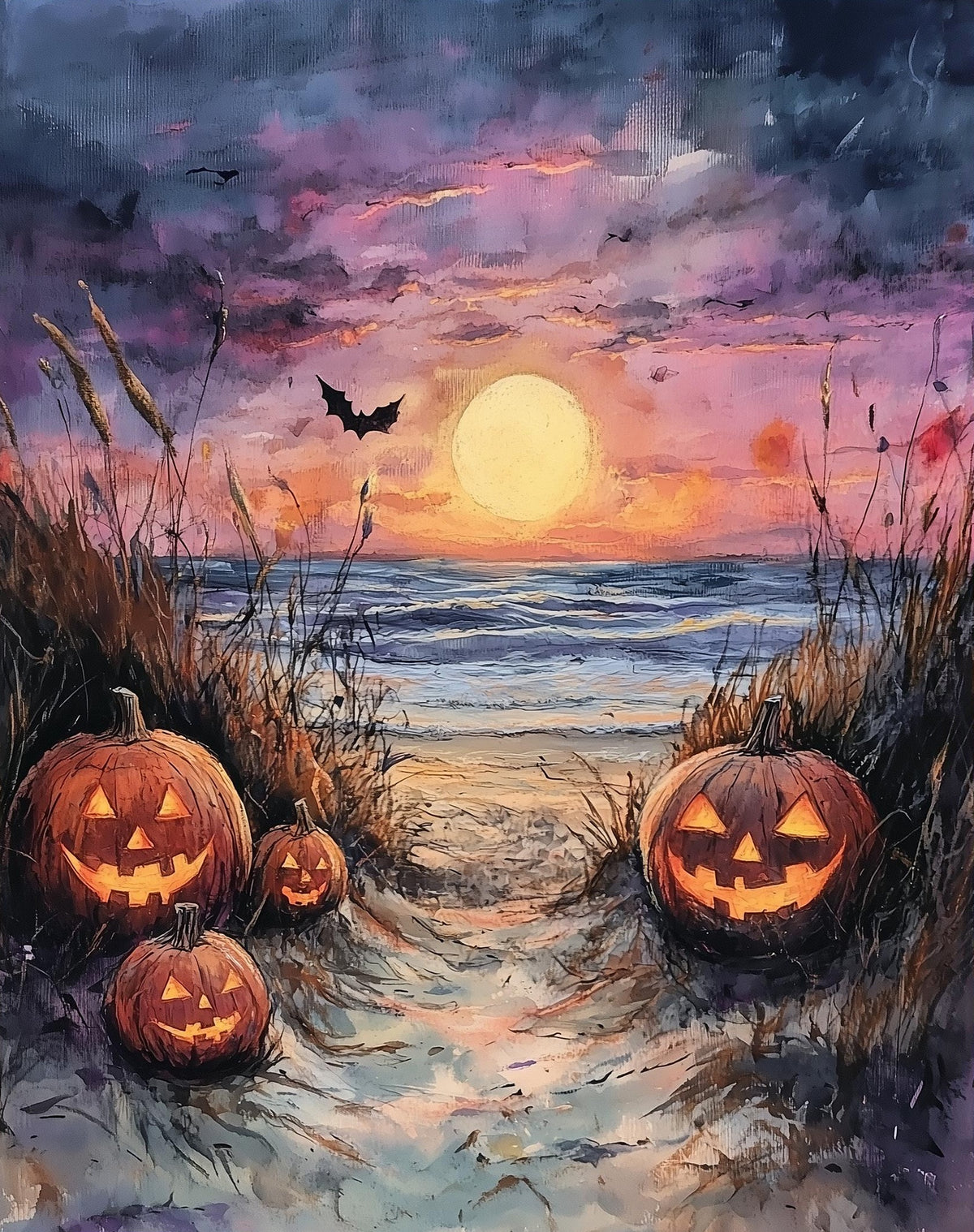 Beach Path Pumpkins Halloween art print unframed, signed by Pattie Overcash