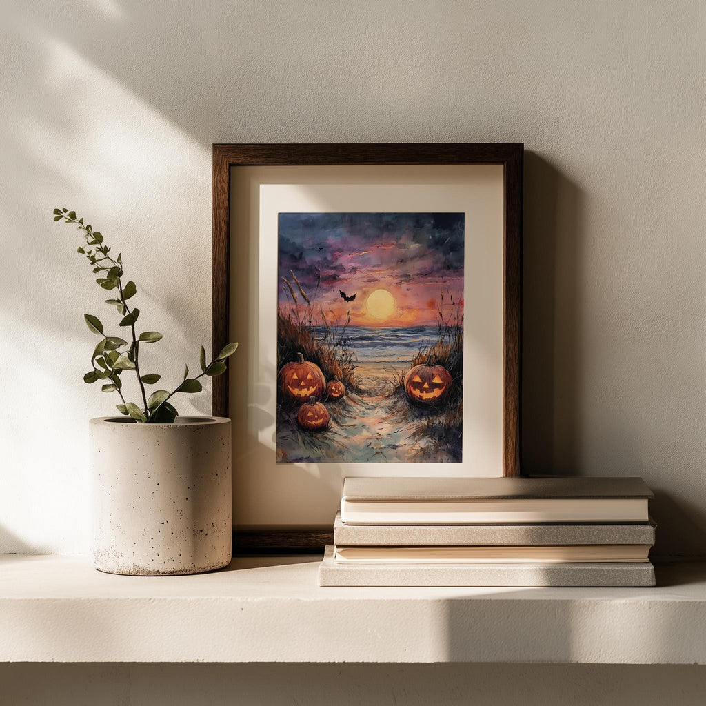 Beach Path Pumpkins Halloween art print shown in a room setting