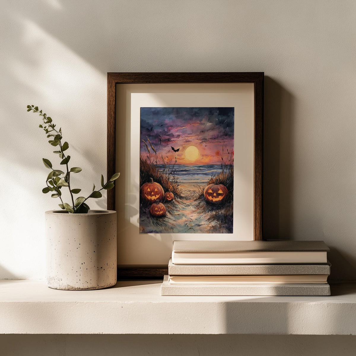 Beach Path Pumpkins Halloween art print shown in a room setting