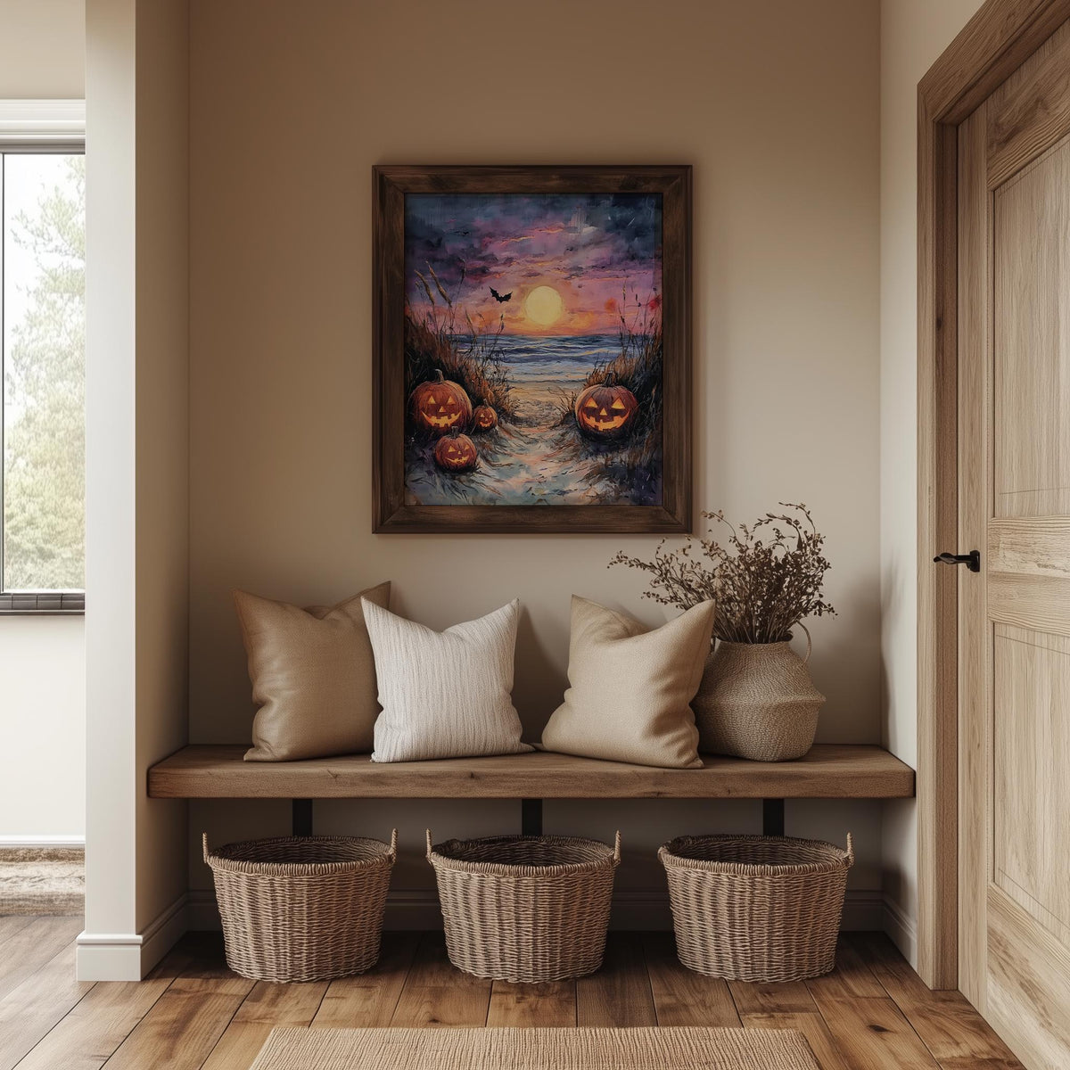 Beach Path Pumpkins Halloween art print shown in a room setting