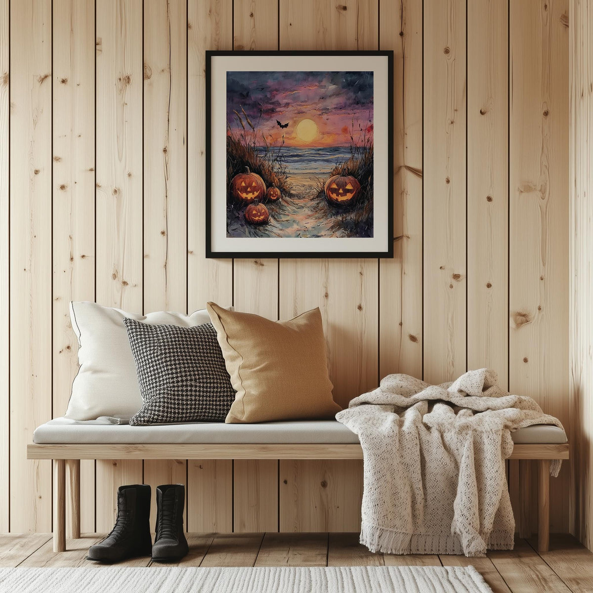 Beach Path Pumpkins Halloween art print shown in a room setting