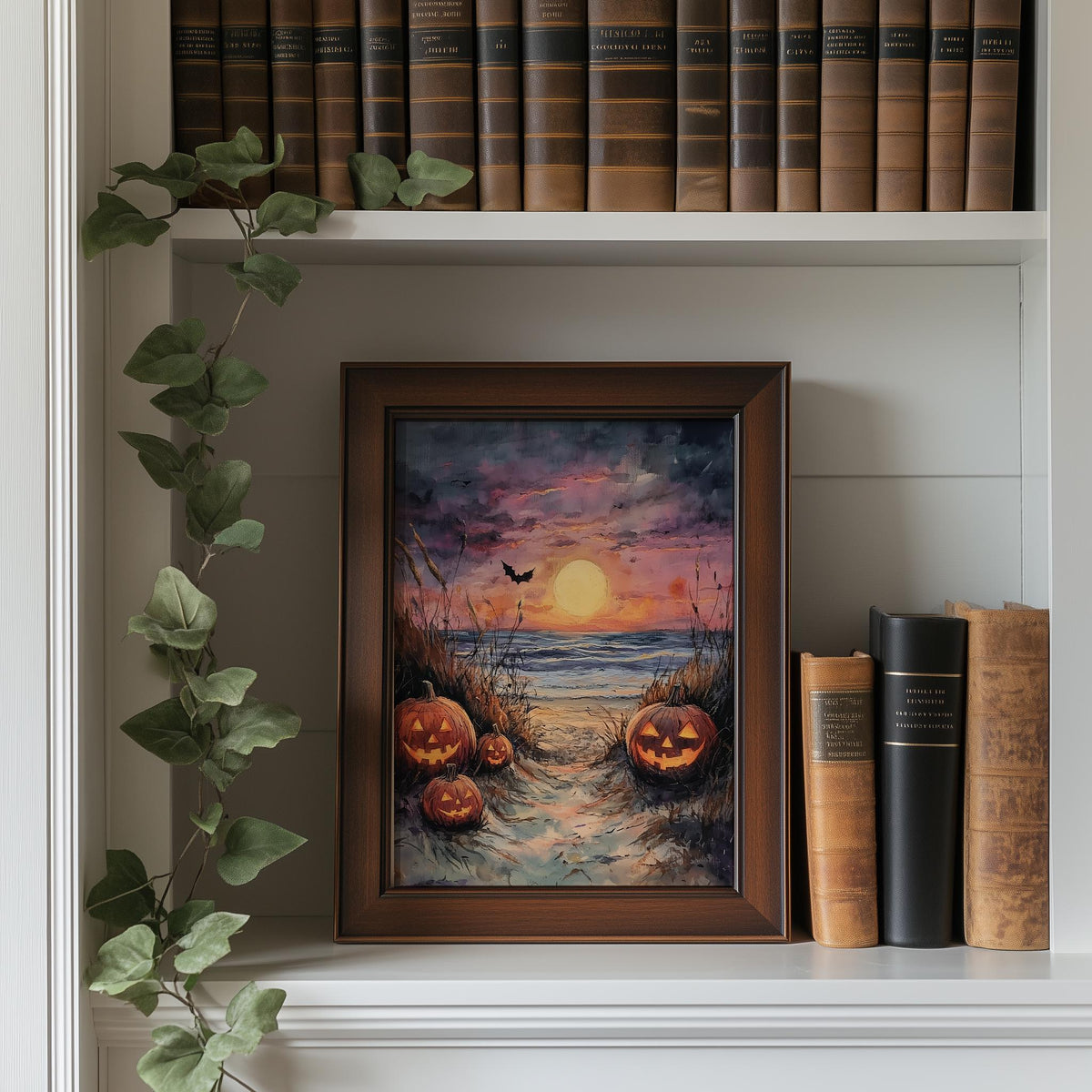 Beach Path Pumpkins Halloween art print shown in a room setting