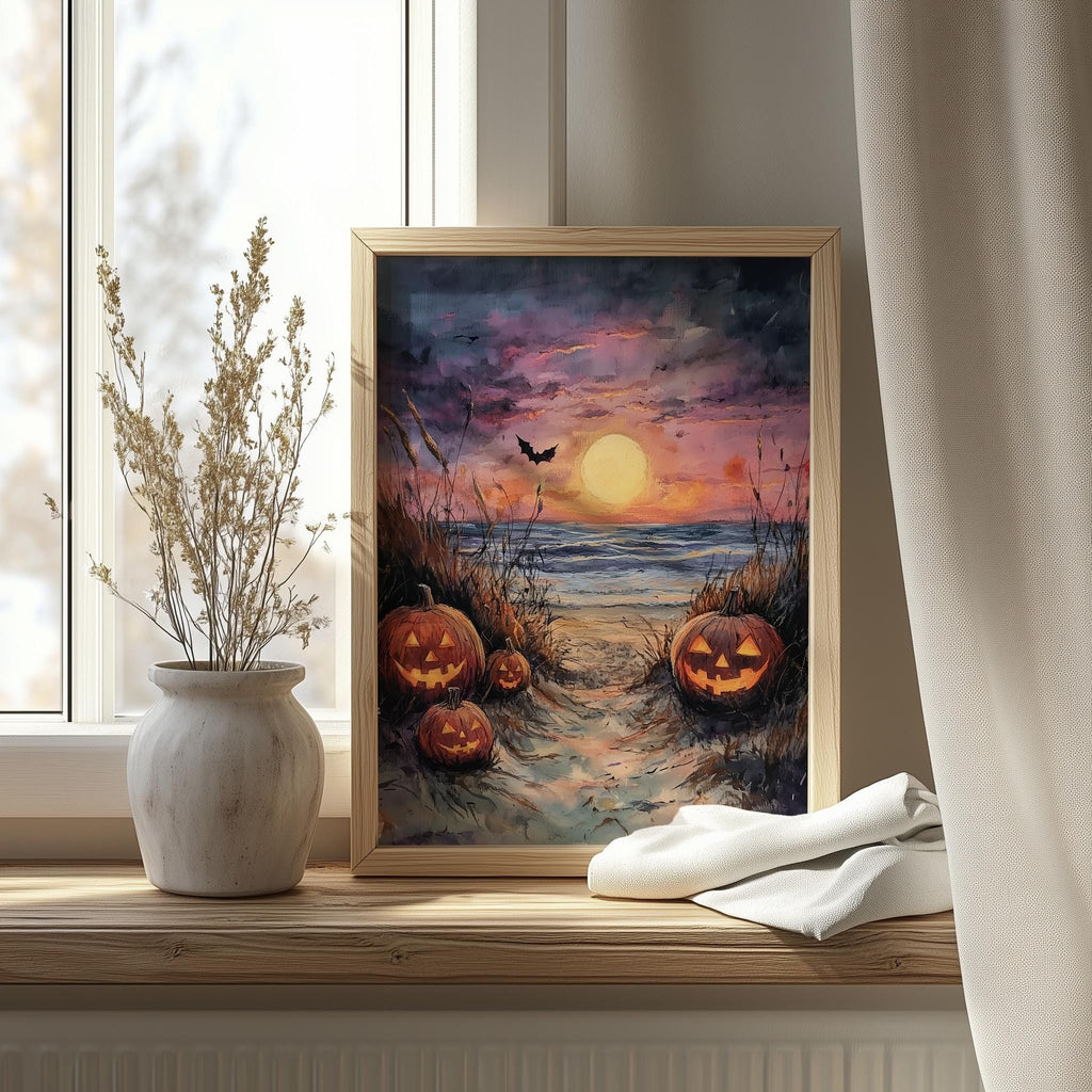 Beach Path Pumpkins Halloween art print shown in a room setting