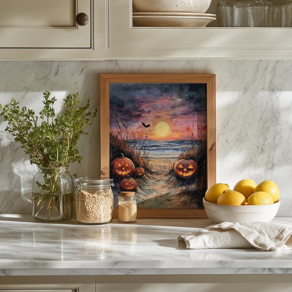 Beach Path Pumpkins Halloween art print shown in a room setting