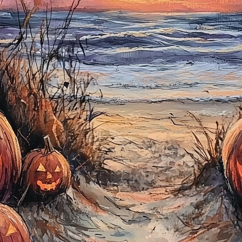Beach Path Pumpkins Halloween art print close-up detail
