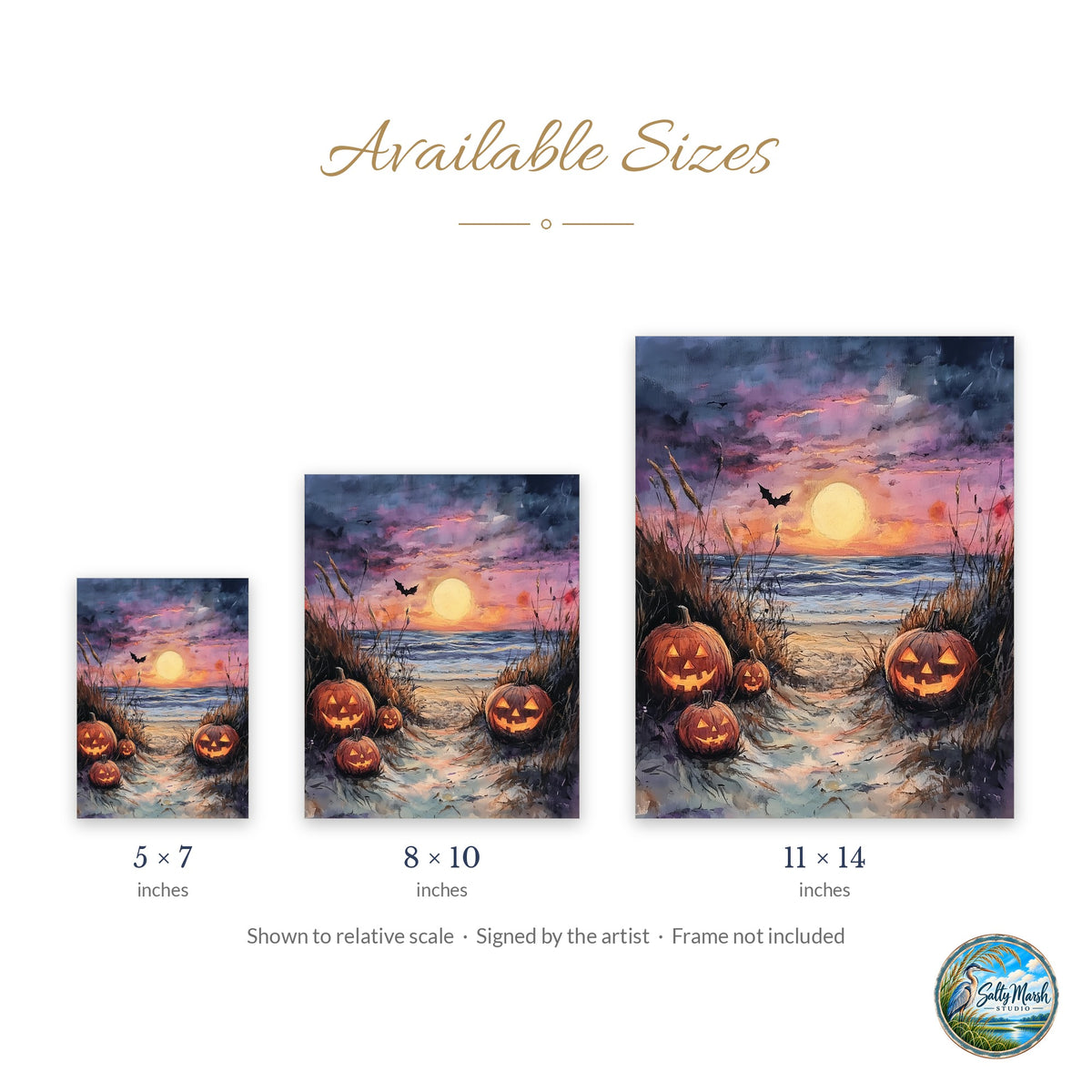 Beach Path Pumpkins art print size guide: 5x7, 8x10 and 11x14