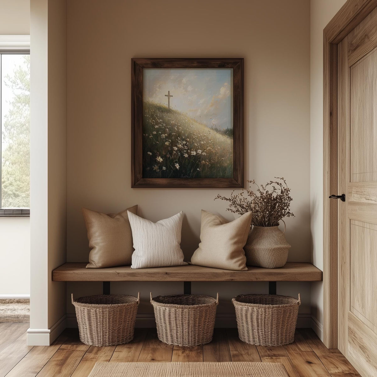 Meadow Cross faith art print shown in a room setting
