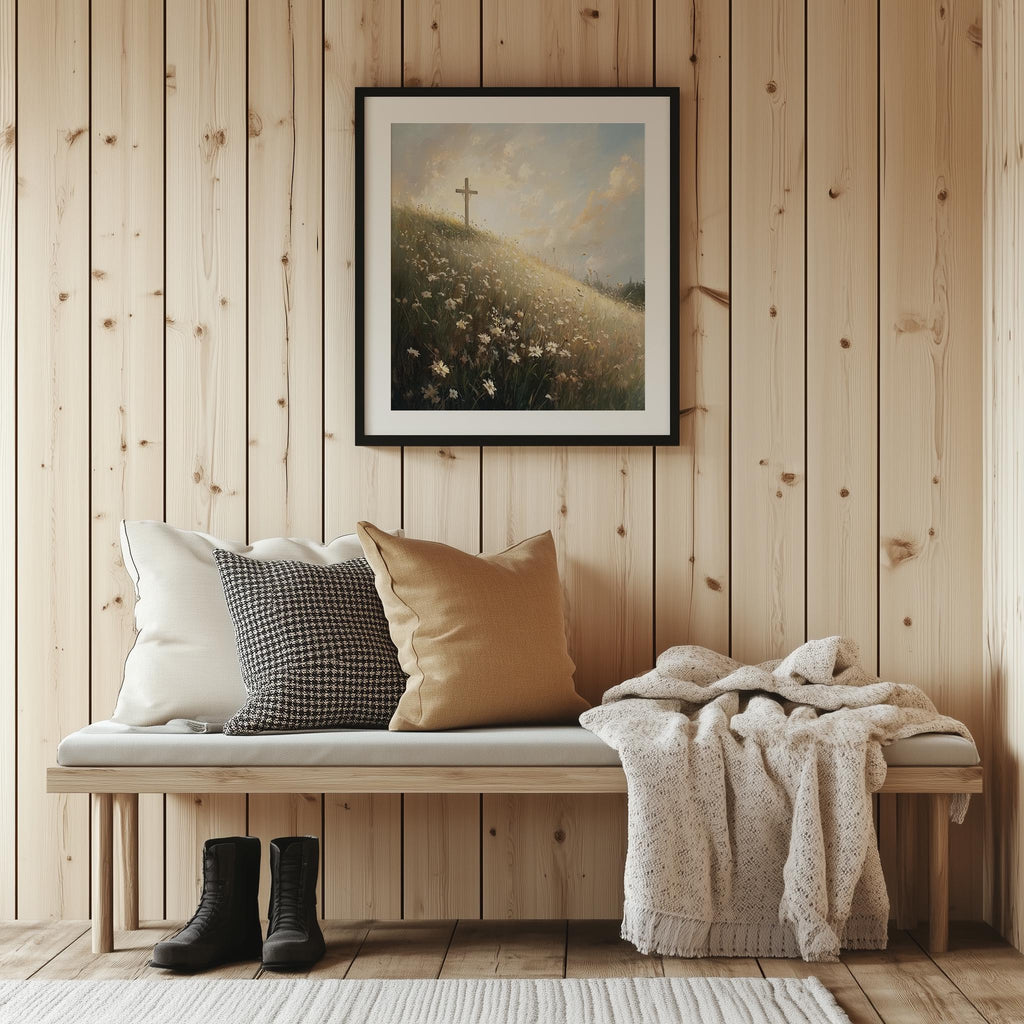Meadow Cross faith art print shown in a room setting