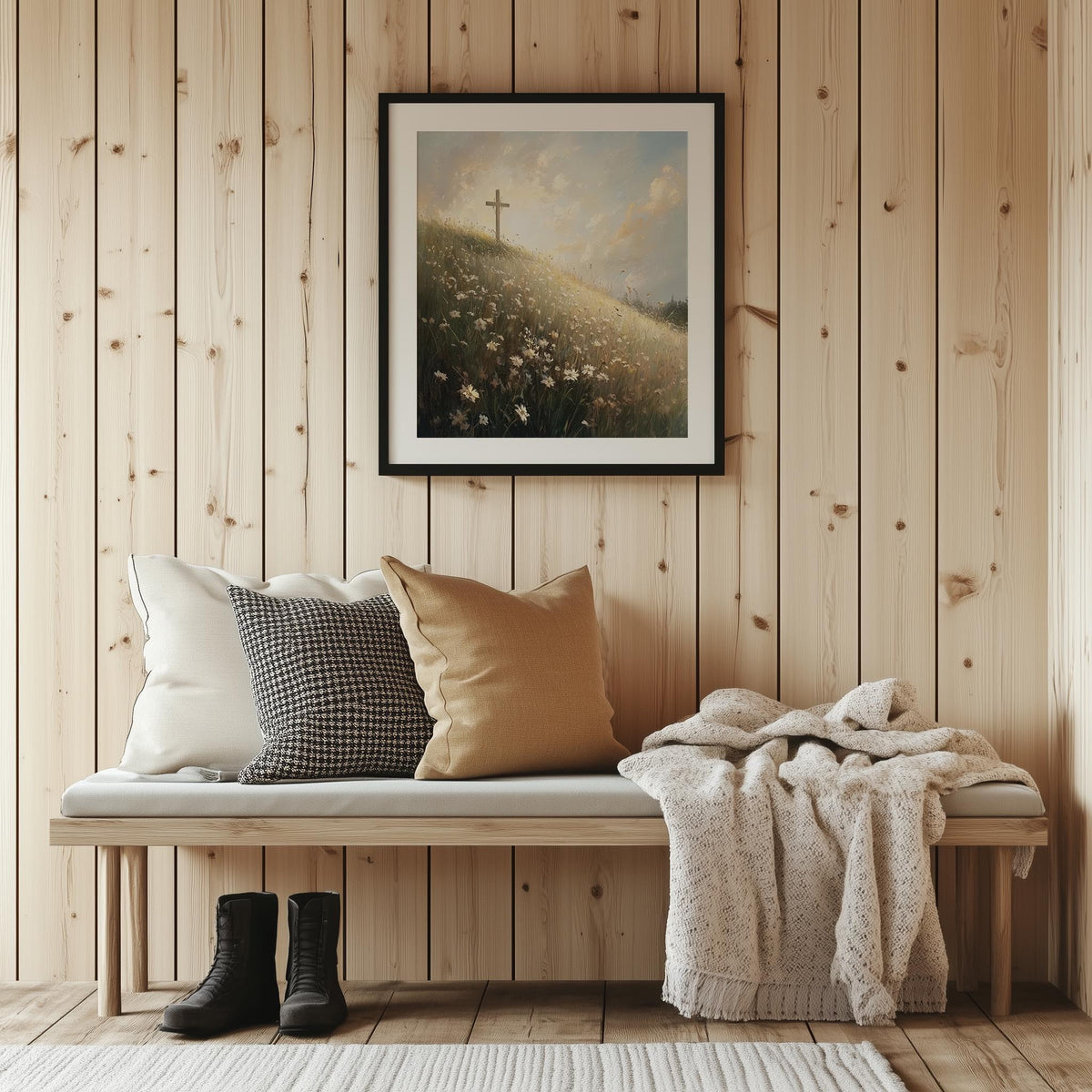 Meadow Cross faith art print shown in a room setting