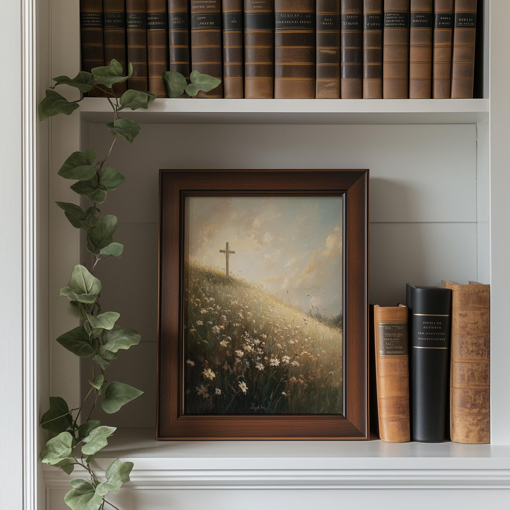 Meadow Cross faith art print shown in a room setting