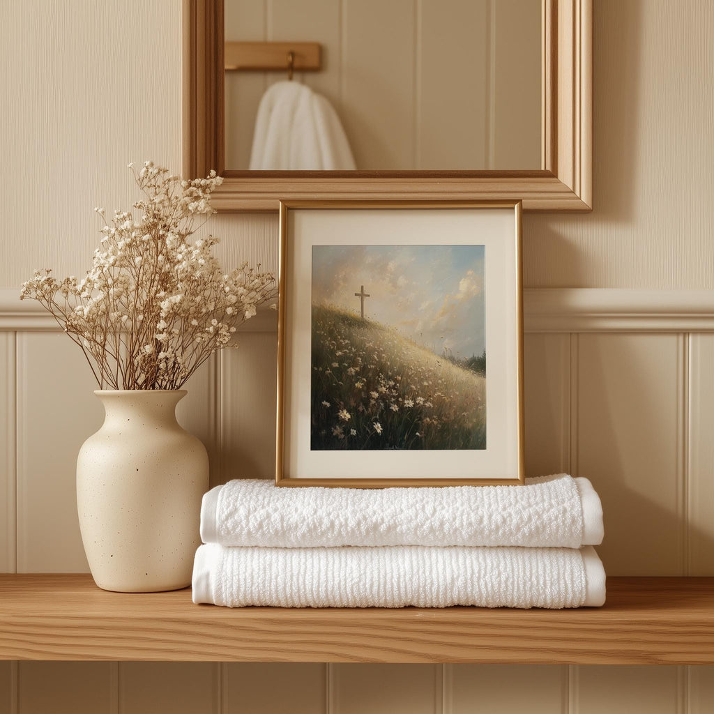 Meadow Cross faith art print shown in a room setting
