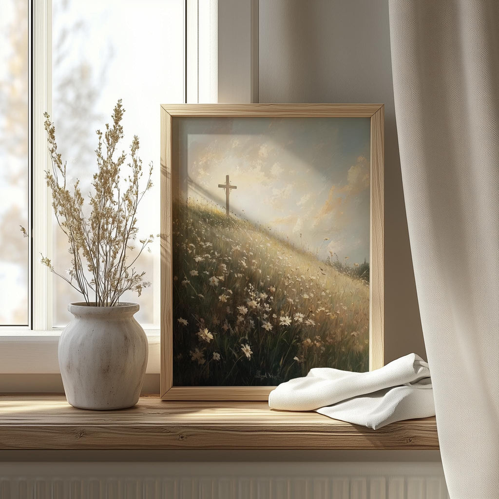Meadow Cross faith art print shown in a room setting