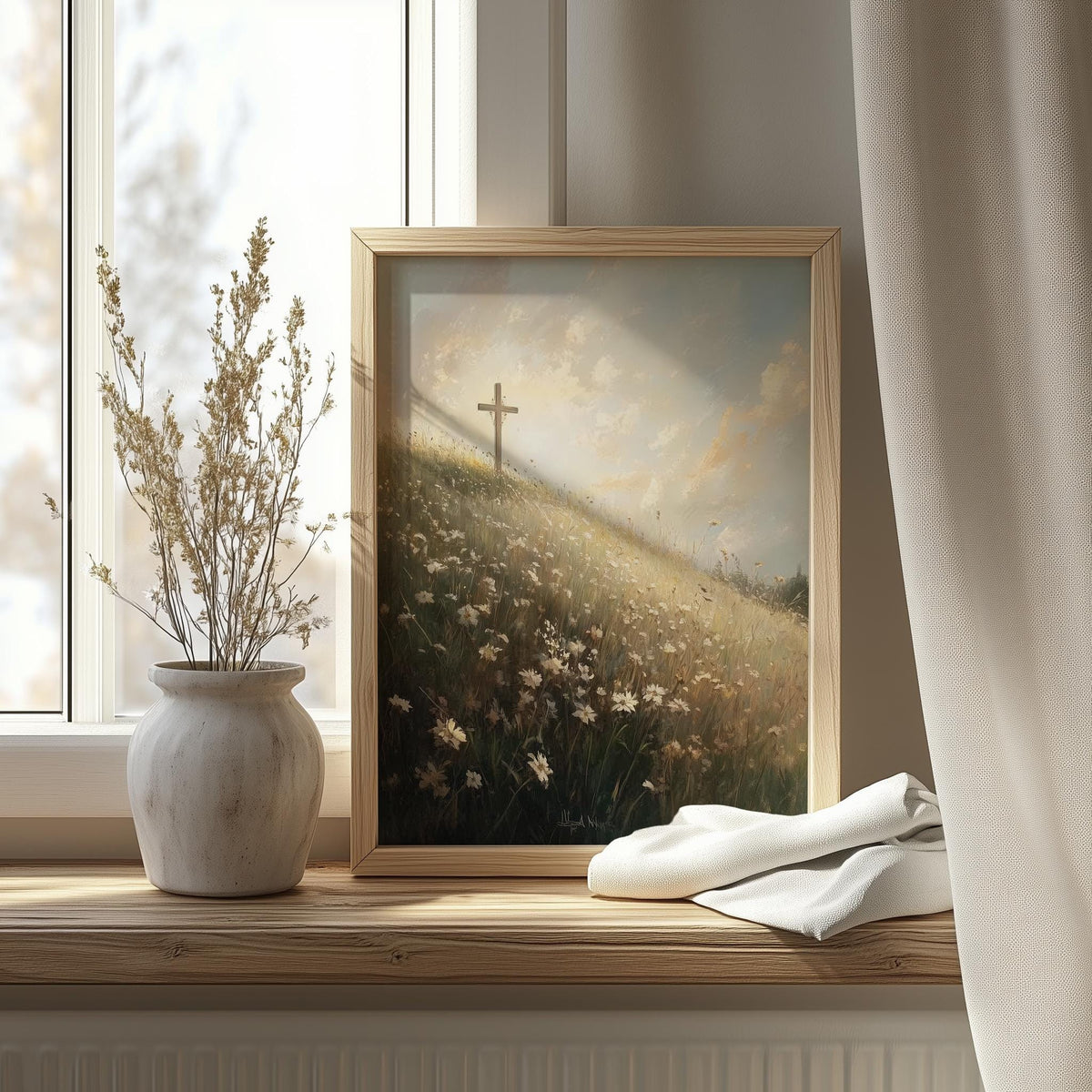 Meadow Cross faith art print shown in a room setting
