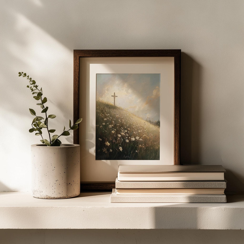 Meadow Cross faith art print shown in a room setting