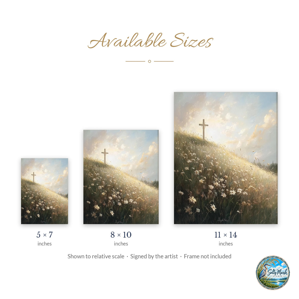 Meadow Cross art print size guide: 5x7, 8x10 and 11x14