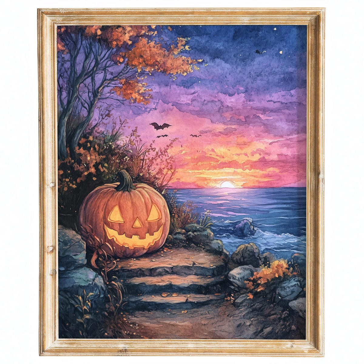 Sunset Shore Pumpkin Halloween art print framed