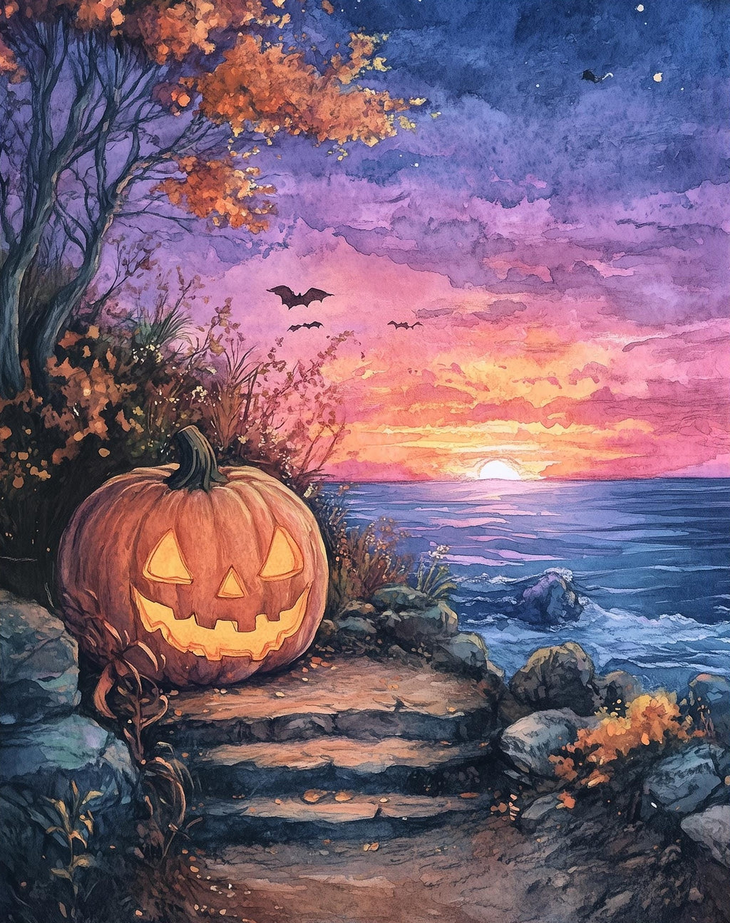 Sunset Shore Pumpkin Halloween art print unframed, signed by Pattie Overcash
