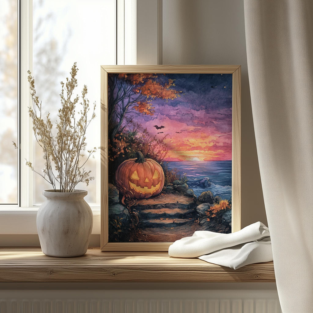 Sunset Shore Pumpkin Halloween art print shown in a room setting