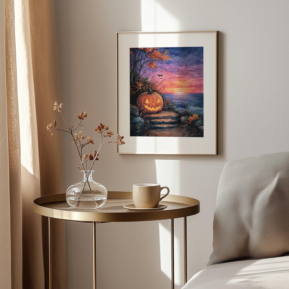 Sunset Shore Pumpkin Halloween art print shown in a room setting