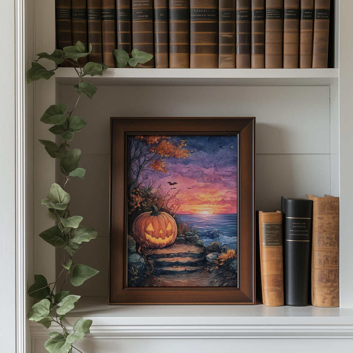 Sunset Shore Pumpkin Halloween art print shown in a room setting